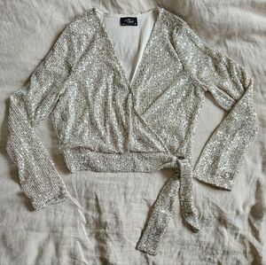 Milk & Honey Silver Sequin Wrap Top